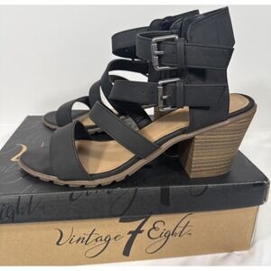 Vintage 7 Eight Whitley Sandals Womens 10 Black Strappy Buckle Block Heel Shoes